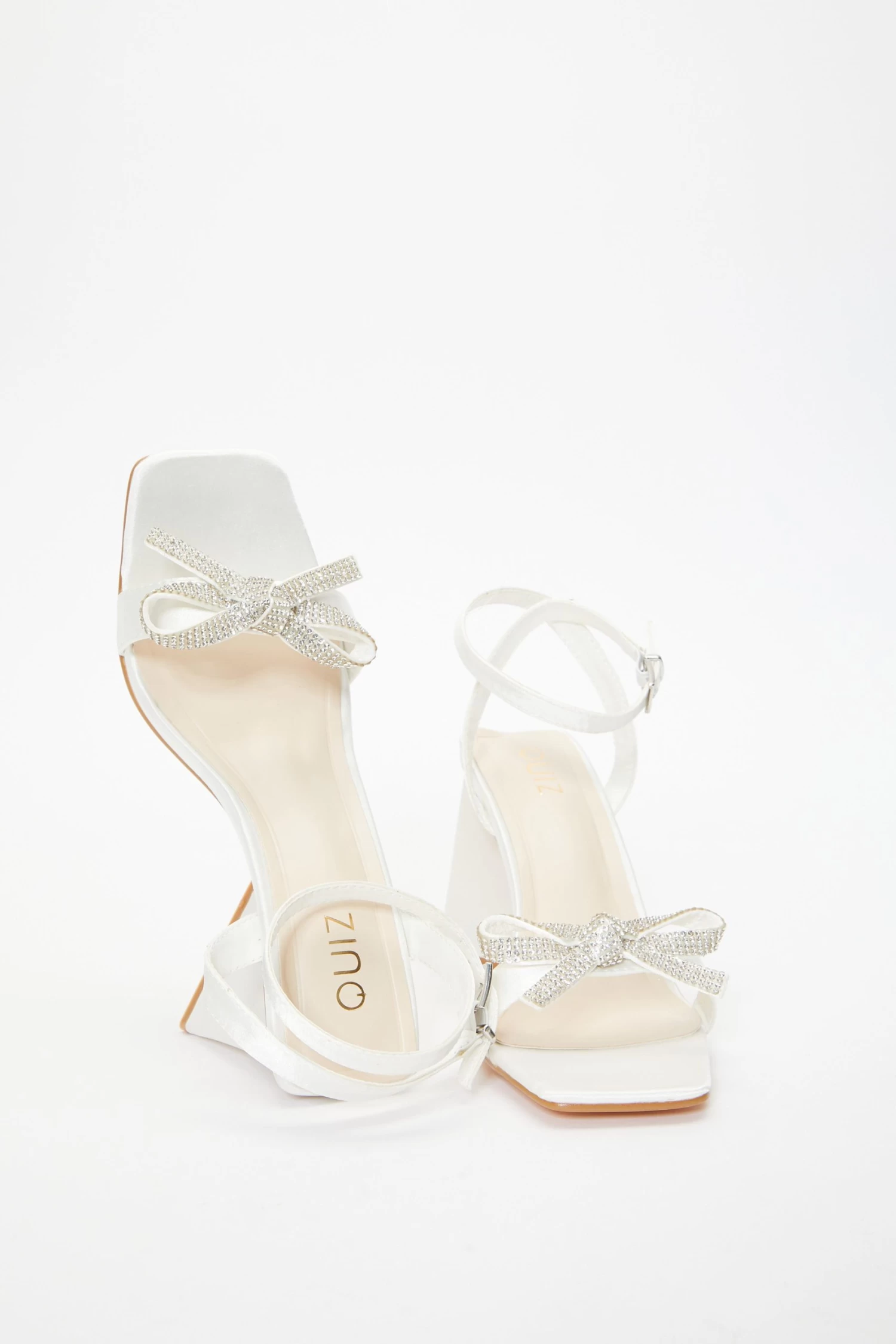 Bridal White Satin Bow Block Heeled Sandals - Image 4