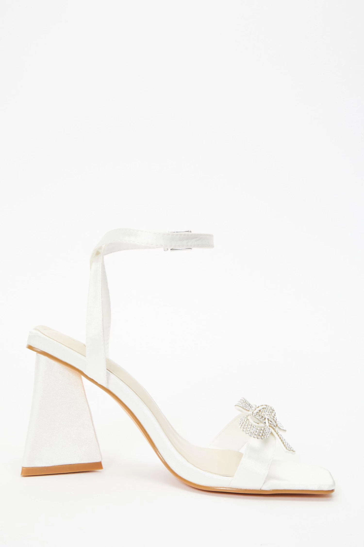 Bridal White Satin Bow Block Heeled Sandals - Image 6