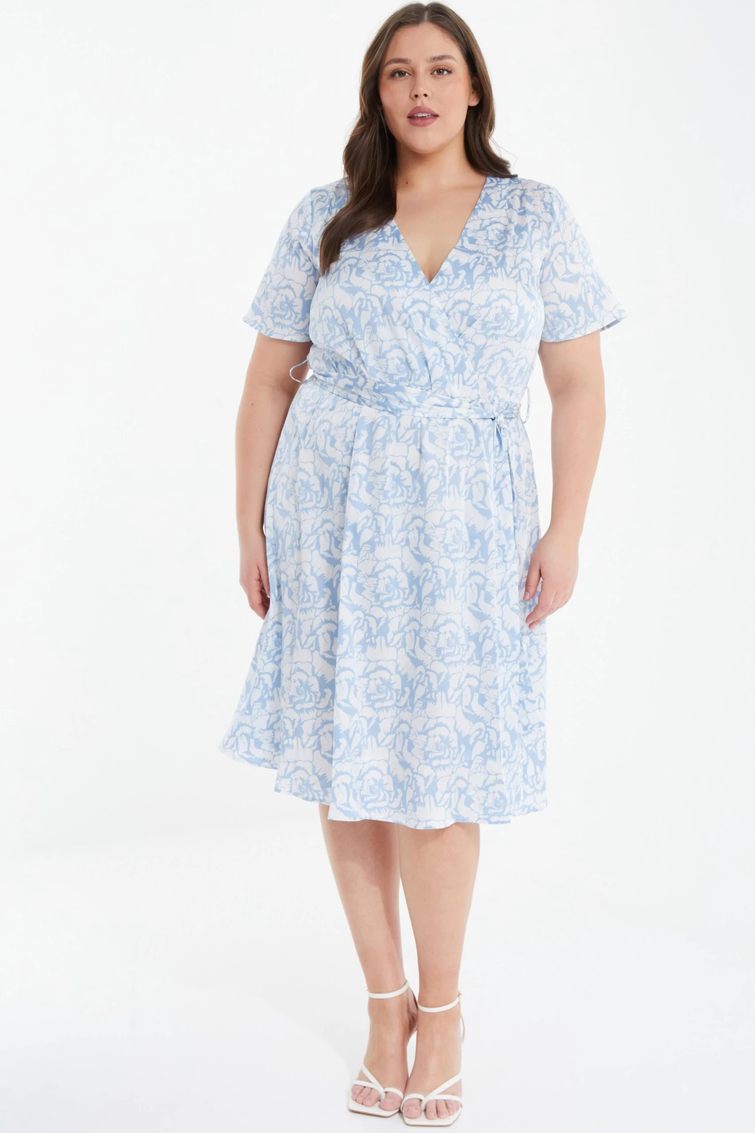 Curve Light Blue Satin Floral Wrap Midi Dress - Image 2