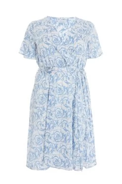 Curve Light Blue Satin Floral Wrap Midi Dress