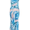 Petite Blue Satin Marble Print Midaxi Dress