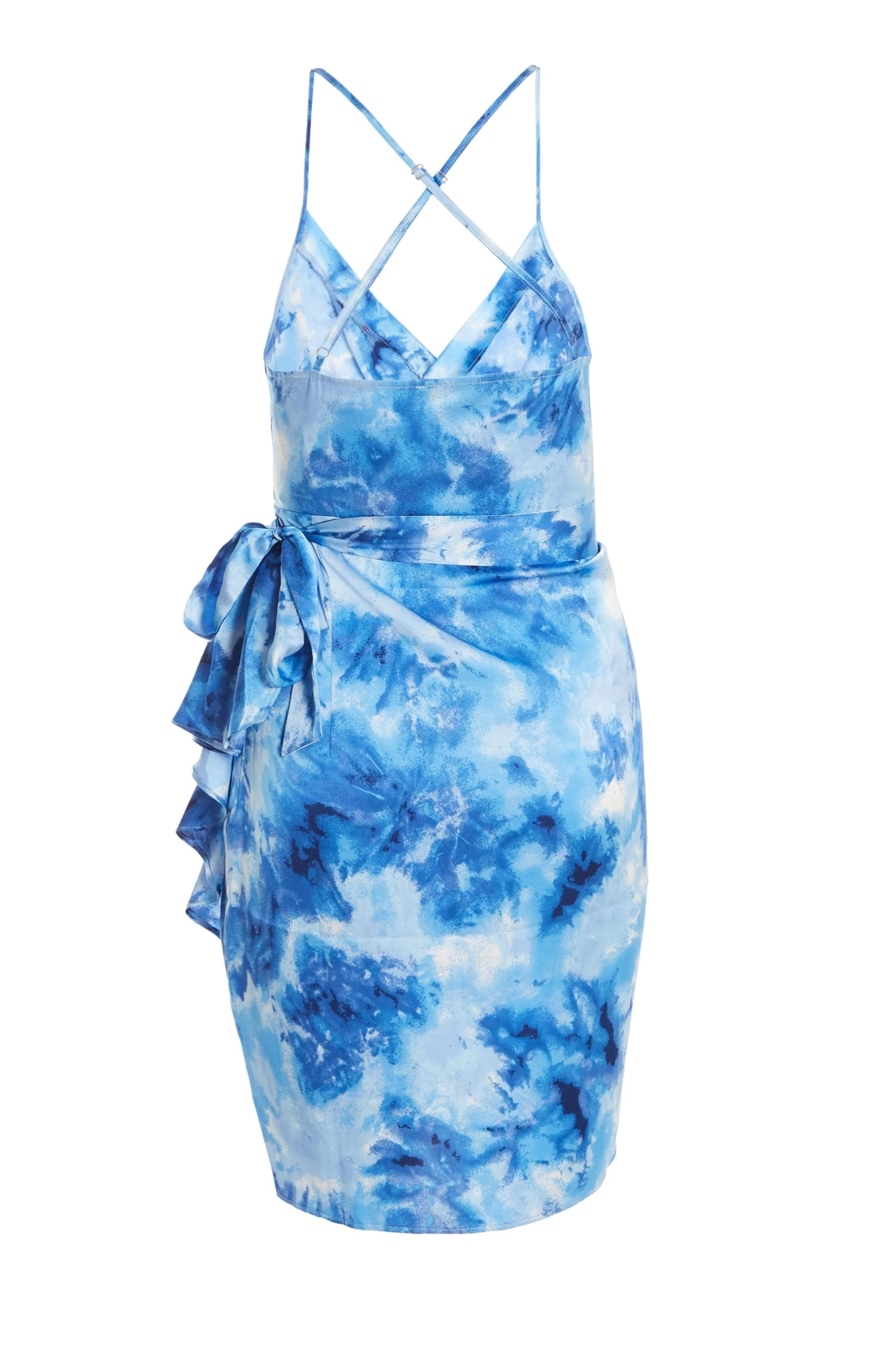 Blue Satin Marble Print Wrap Mini Dress - Image 5