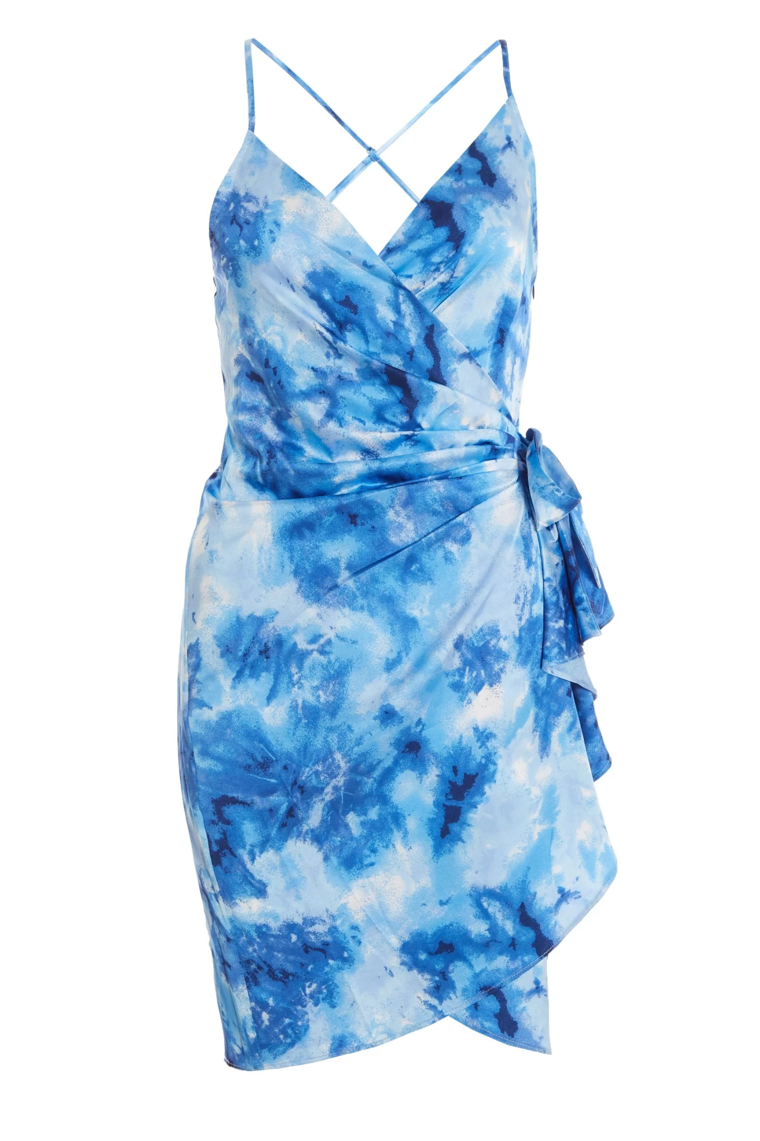 Blue Satin Marble Print Wrap Mini Dress