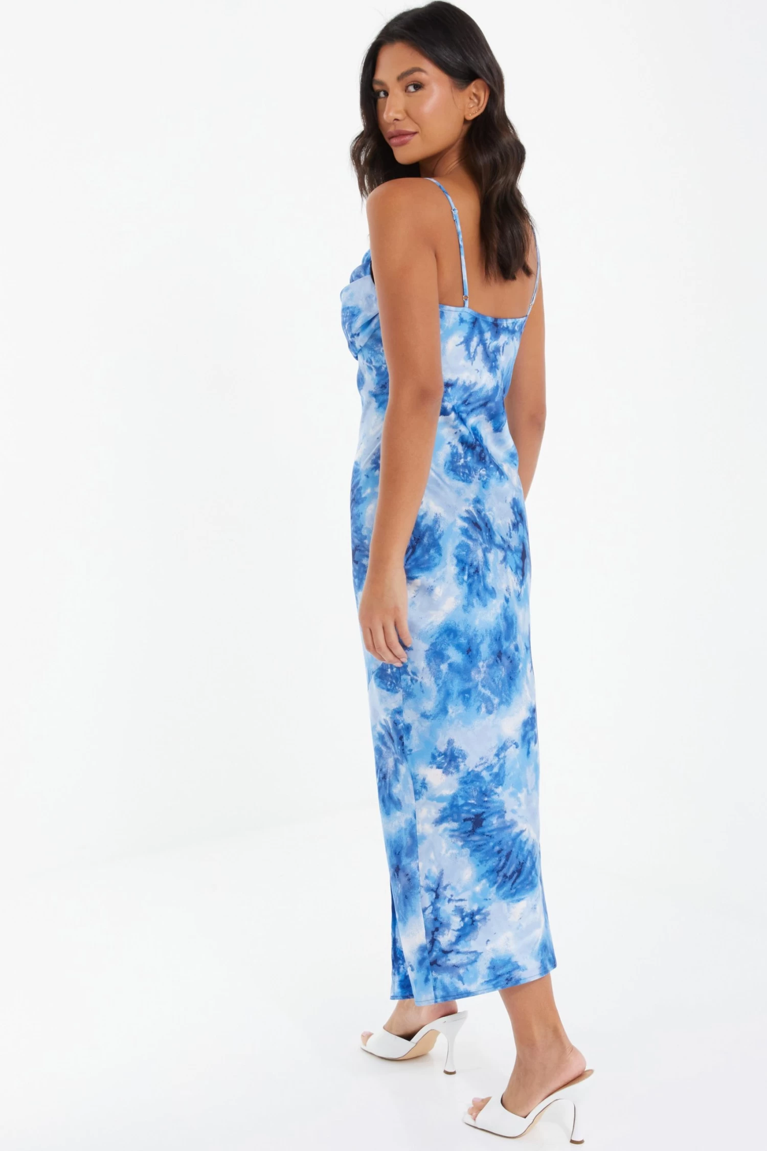 Blue Satin Marble Print Ruched Split Midi Dress - Image 3