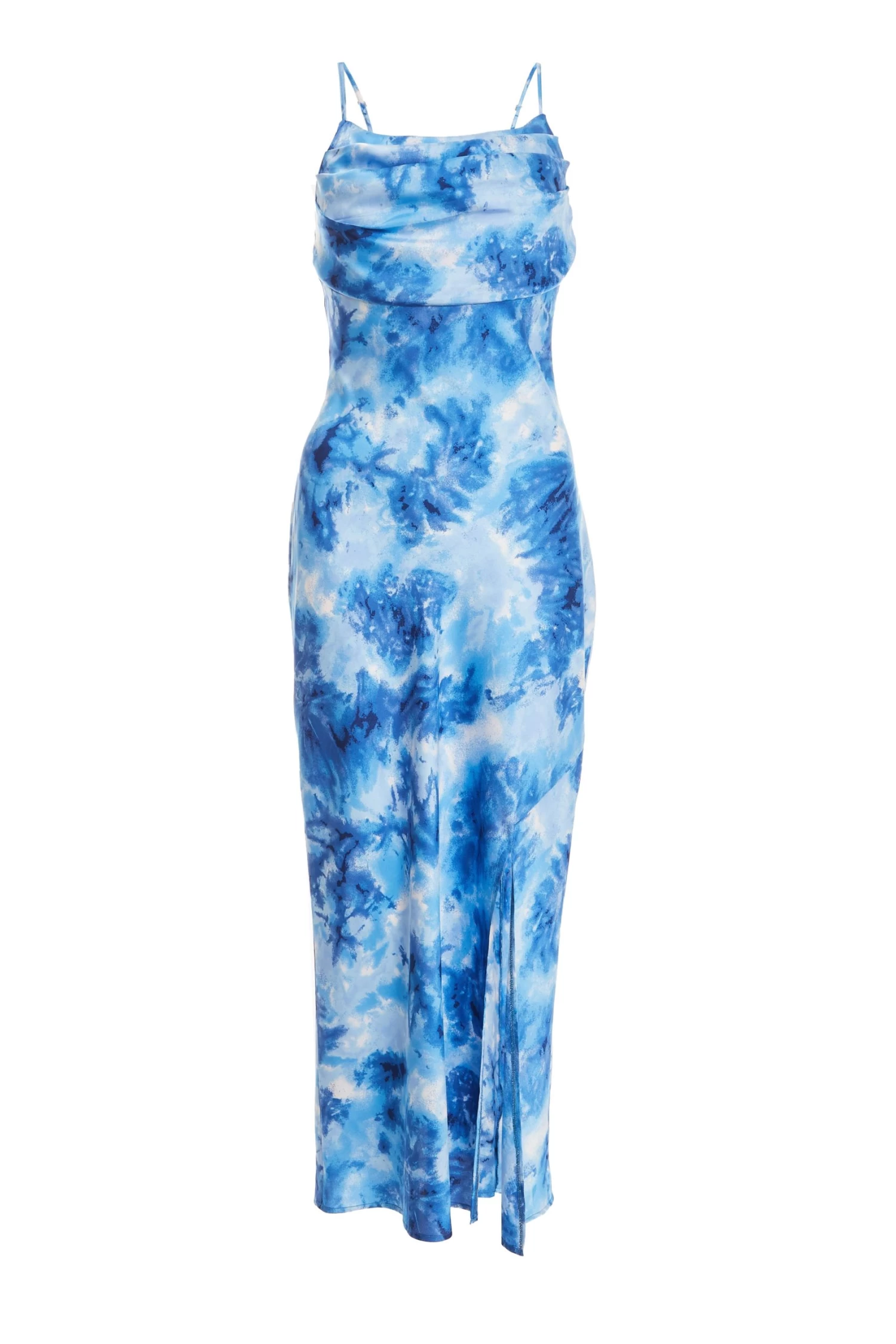 Blue Satin Marble Print Ruched Split Midi Dress