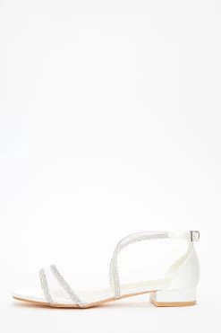 White Satin Diamante Strappy Flat Sandals
