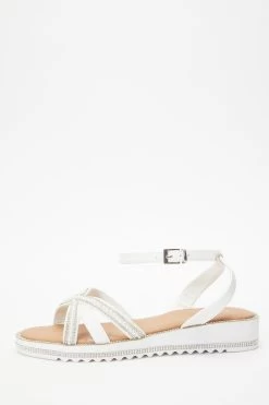 White Diamante Cross Strap Sandals