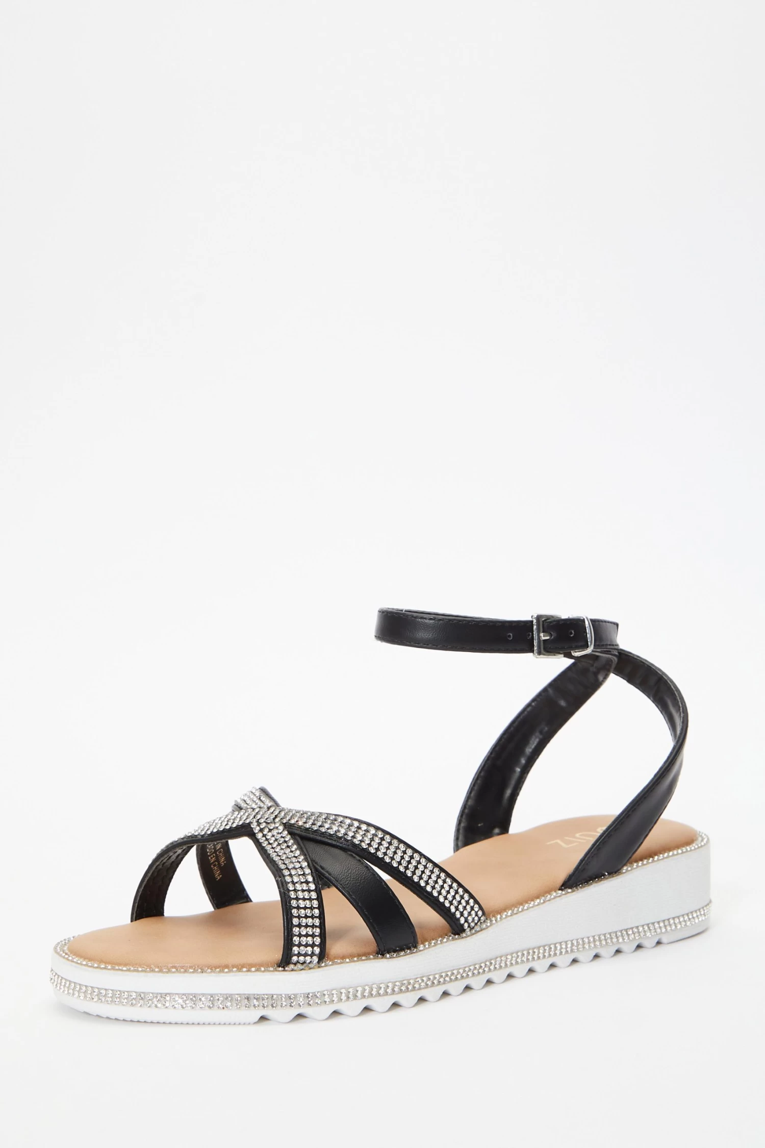 Black Diamante Cross Strap Sandals - Image 3