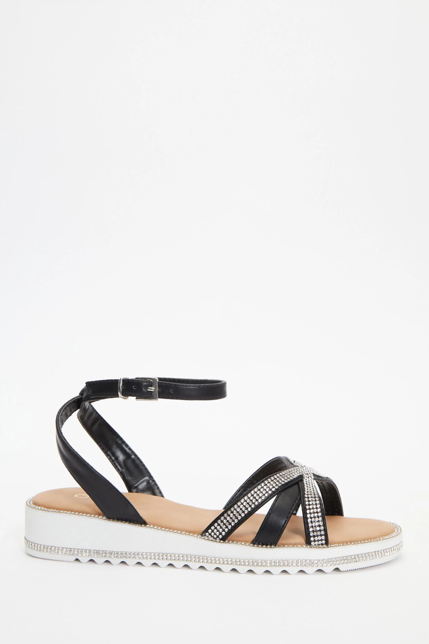 Black Diamante Cross Strap Sandals - Image 2