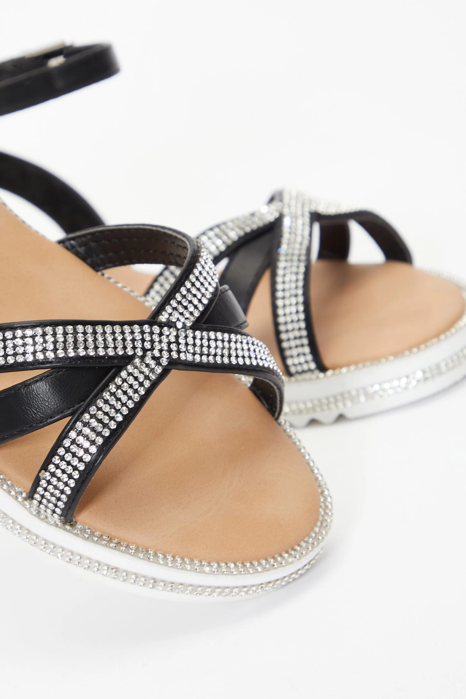 Black Diamante Cross Strap Sandals - Image 5