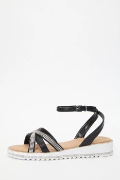 Black Diamante Cross Strap Sandals