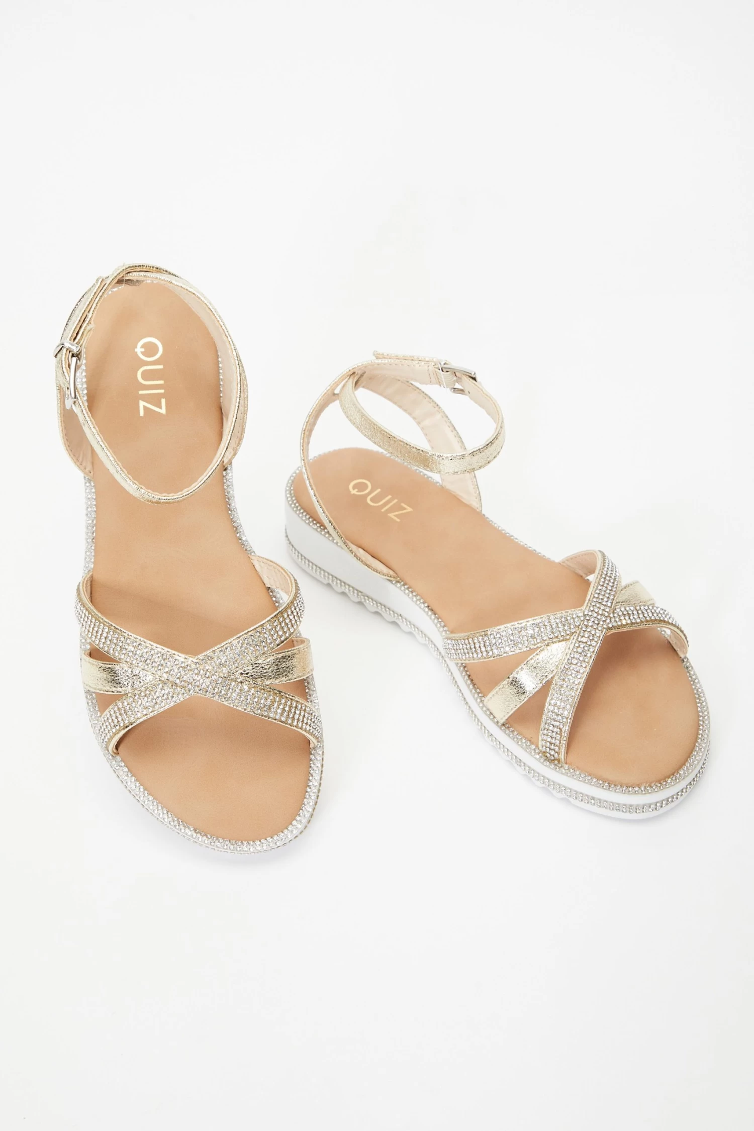 Gold Diamante Cross Strap Sandals - Image 4