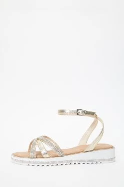 Gold Diamante Cross Strap Sandals