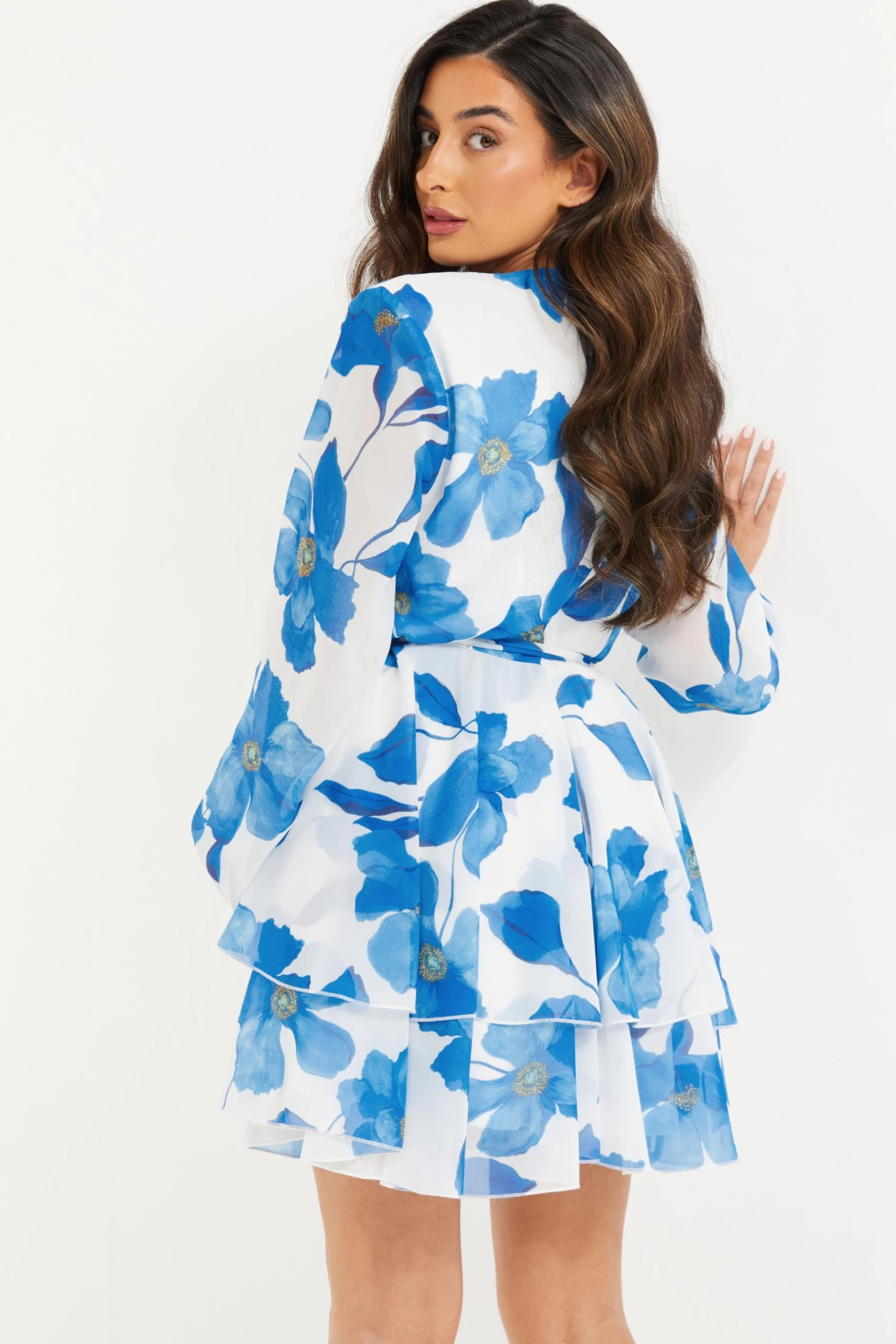 Petite Blue Chiffon Floral Tiered Mini Dress - Image 3