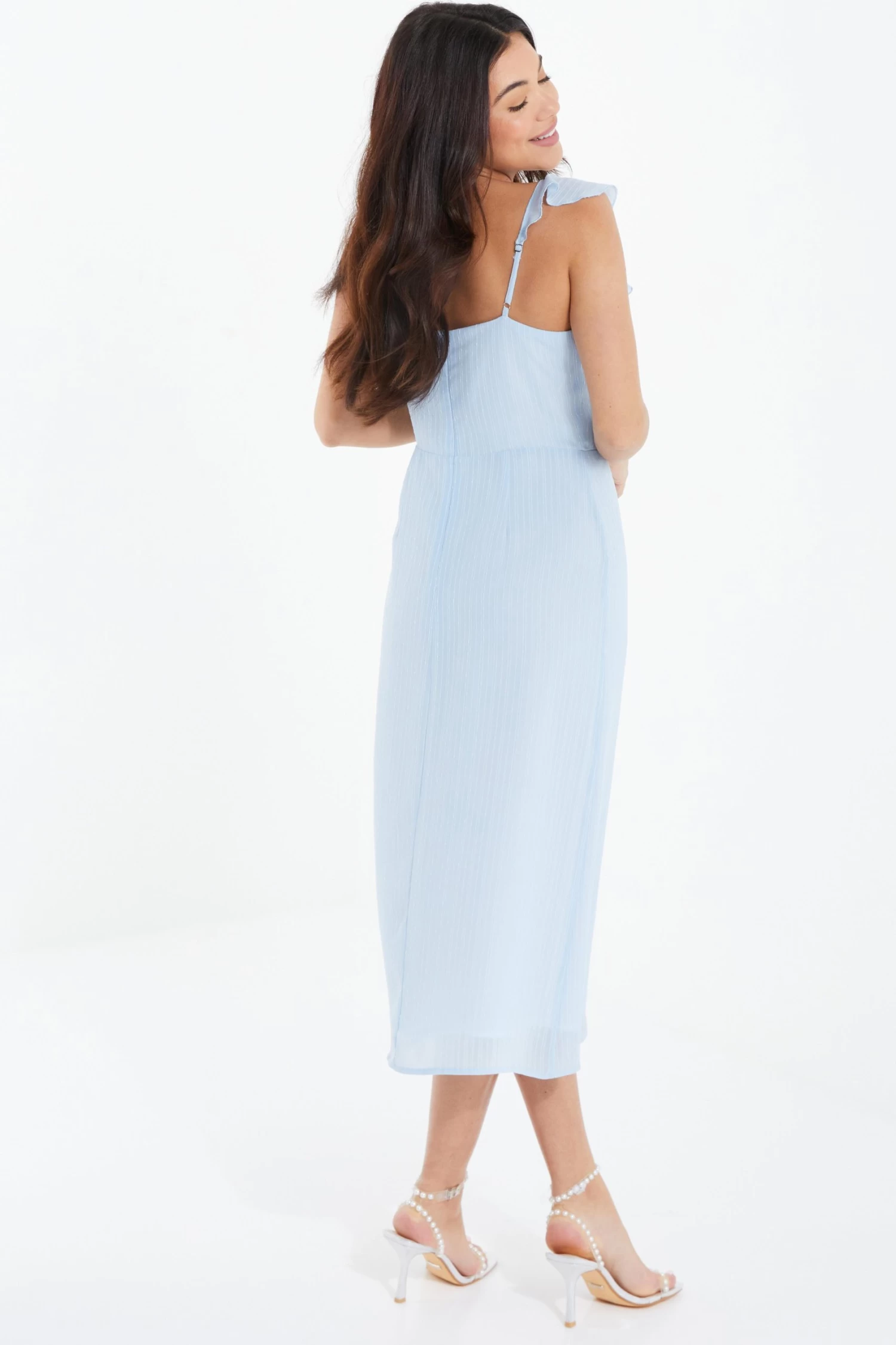 Light Blue Textured Frill Midi Dress - Image 3