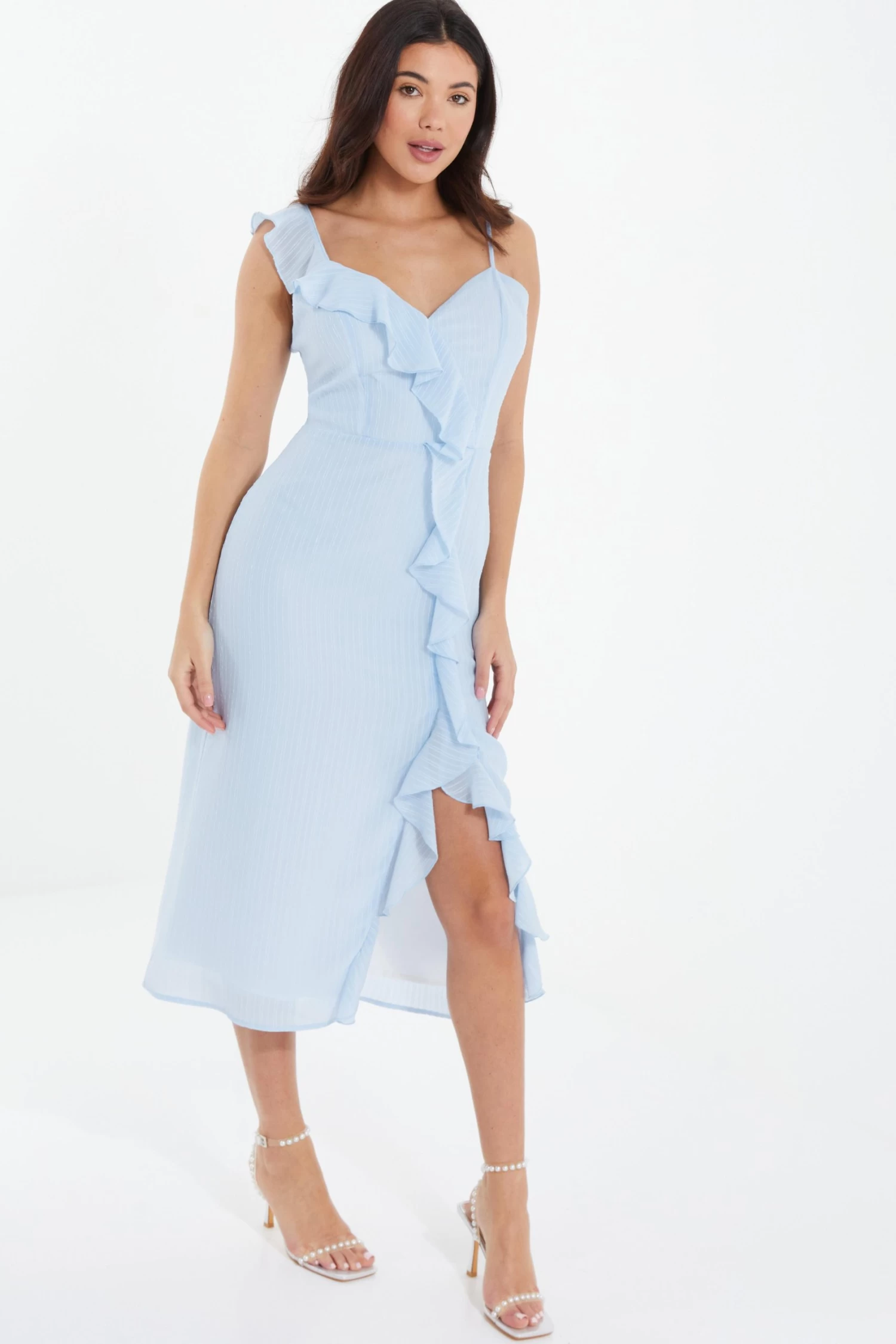 Light Blue Textured Frill Midi Dress - Image 4