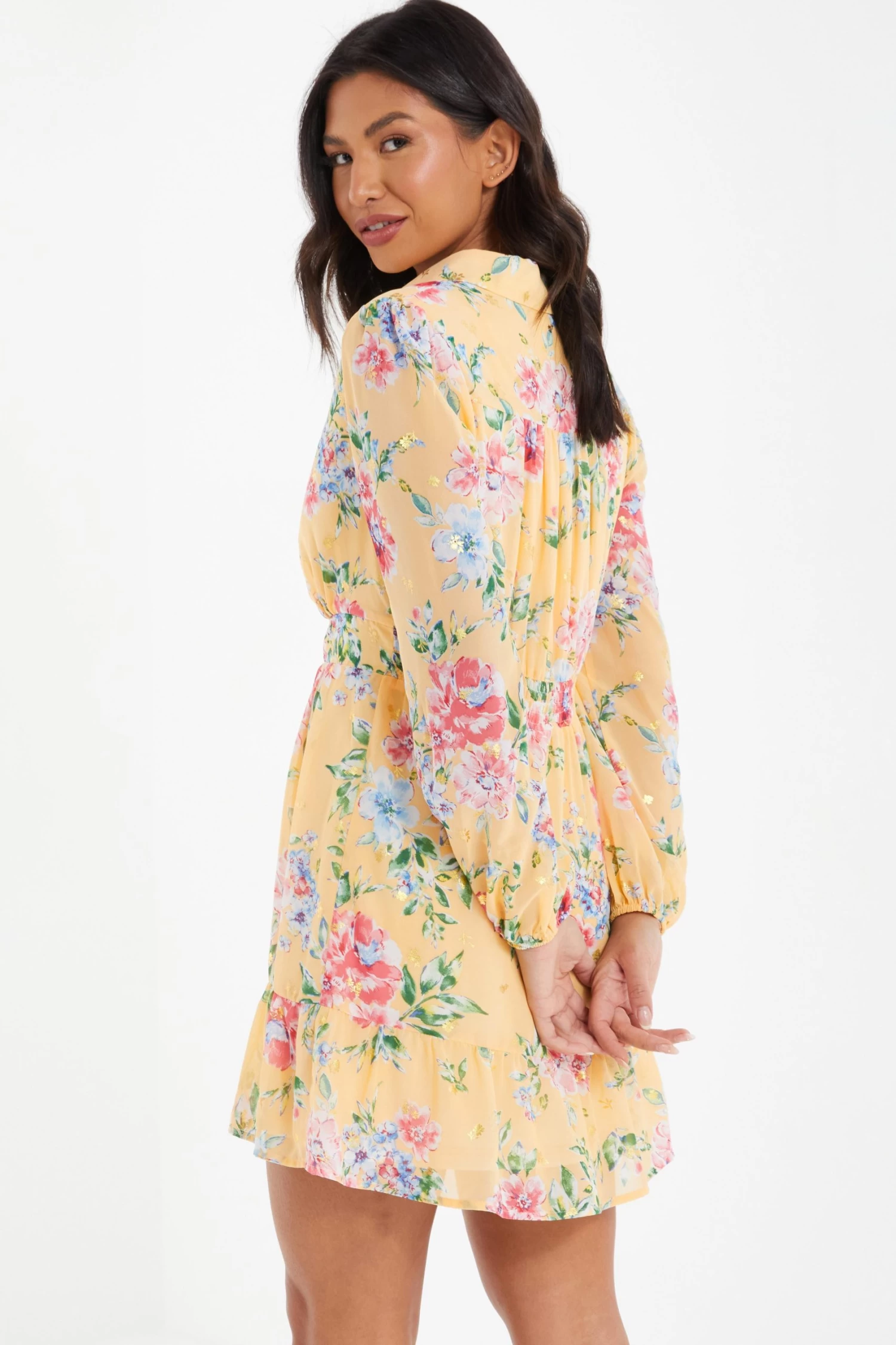 Yellow Chiffon Floral Shirt Dress - Image 3