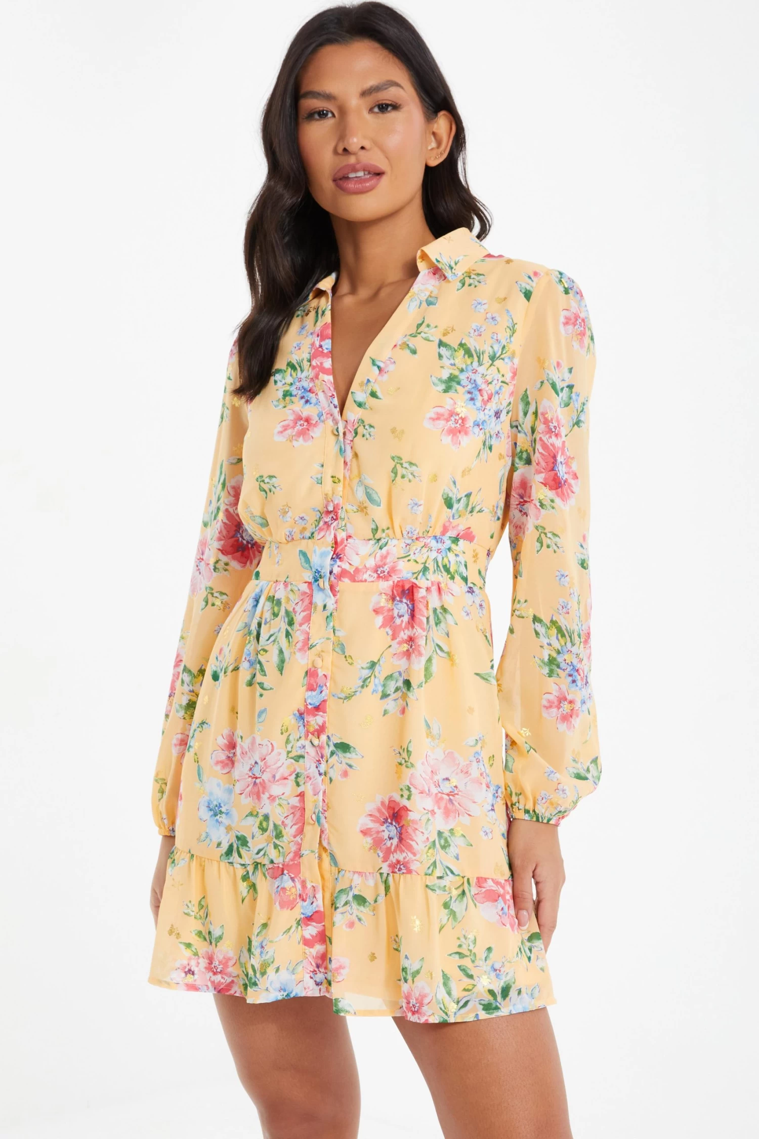 Yellow Chiffon Floral Shirt Dress - Image 2