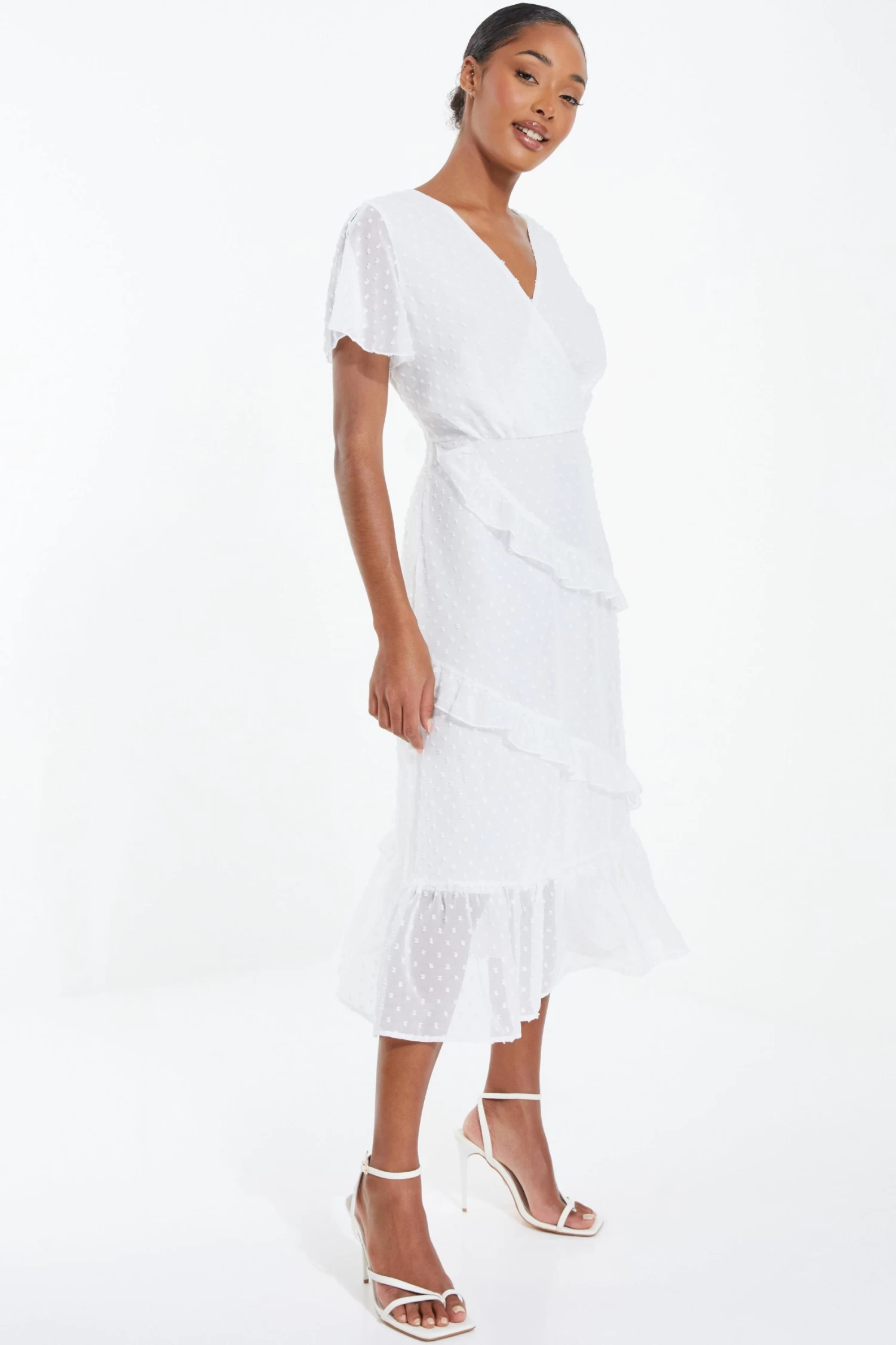 White Chiffon Dobby Wrap Midi Dress - Image 2