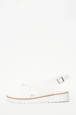 White Faux Leather Cross Strap Flatforms