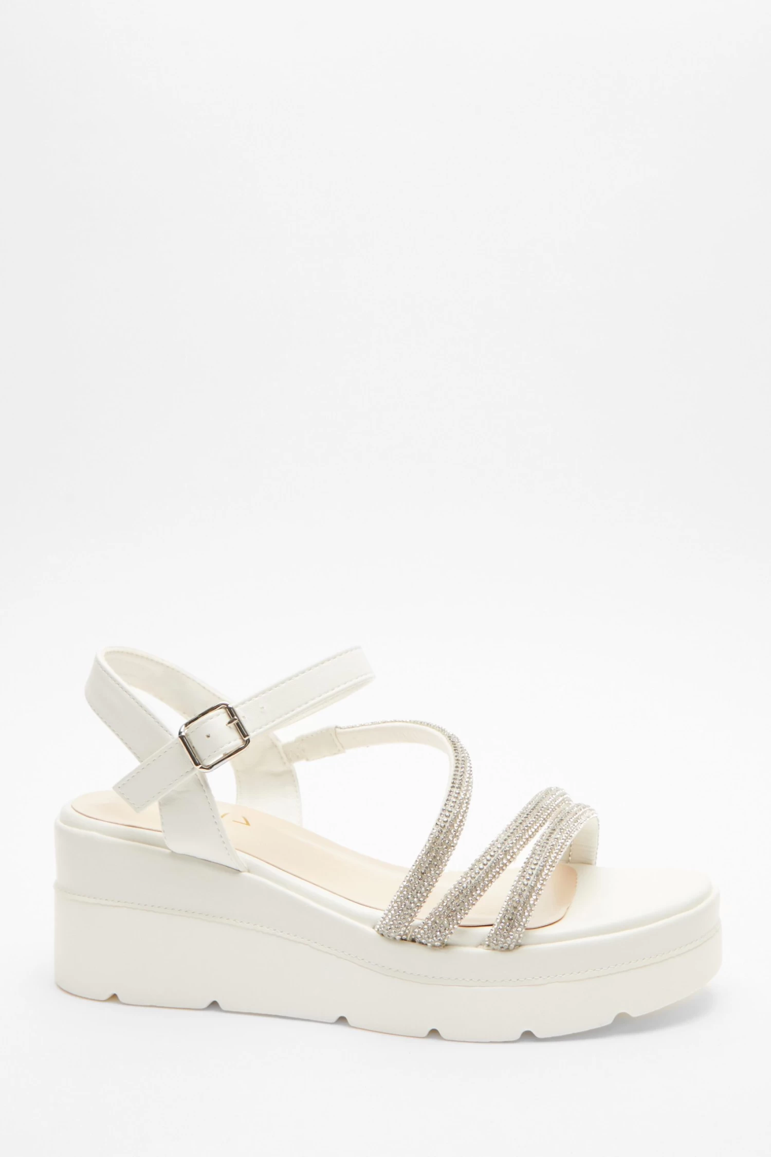 White Faux Leather Diamante Wedges - Image 2