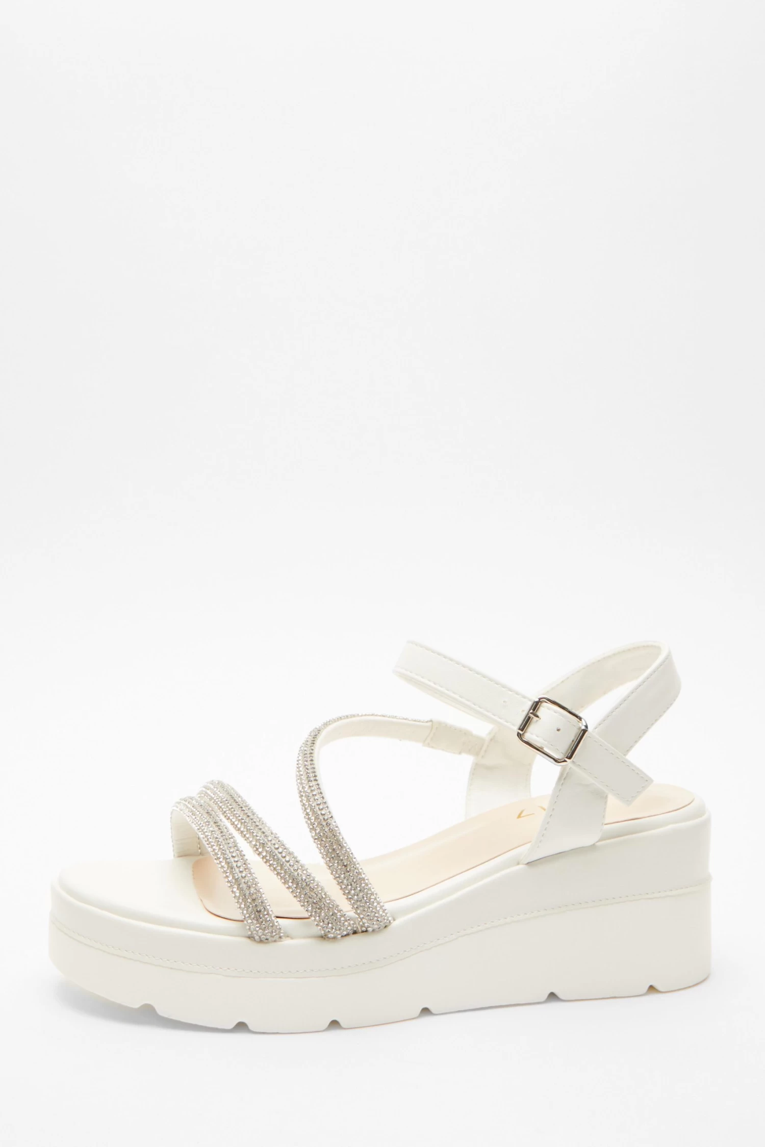 White Faux Leather Diamante Wedges