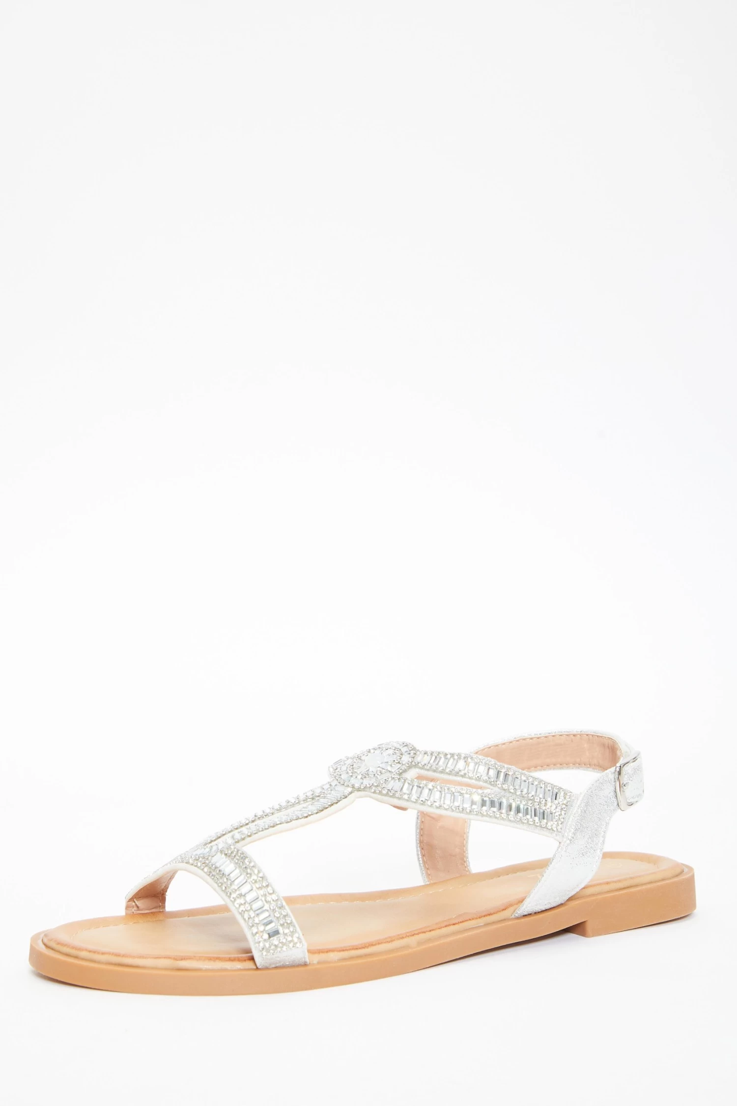 Silver Diamante T-Bar Flat Sandals - Image 3