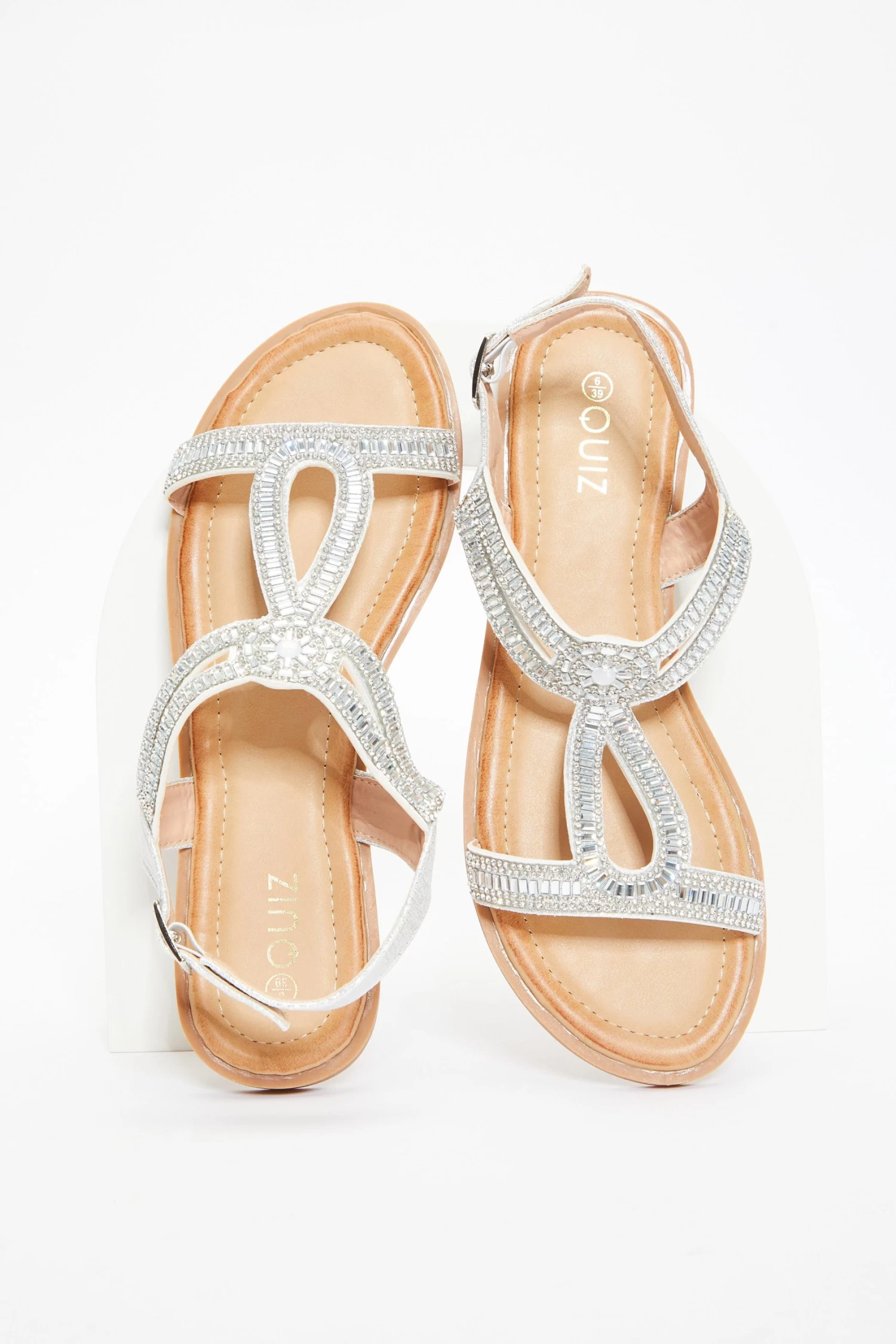 Silver Diamante T-Bar Flat Sandals - Image 4