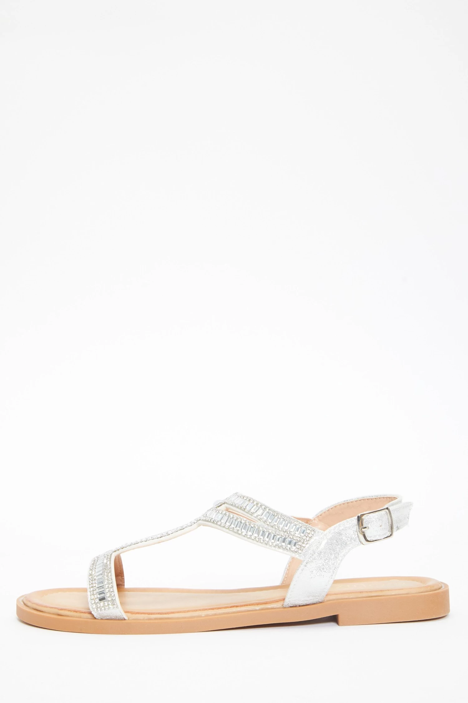 Silver Diamante T-Bar Flat Sandals