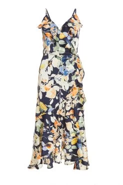 Navy Floral Satin Frill Wrap Midi Dress