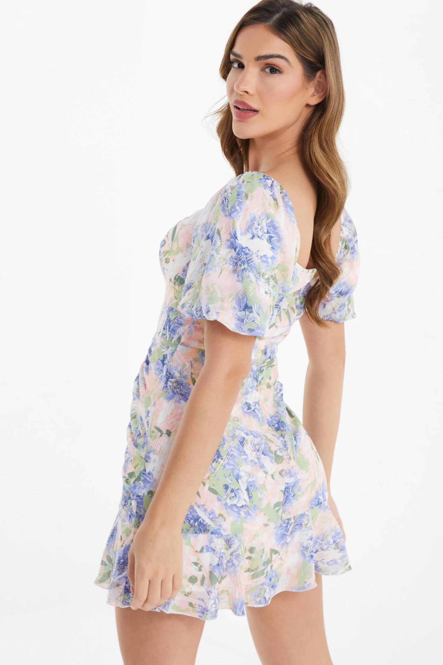 Pink Floral Chiffon Ruched Mini Dress - Image 3