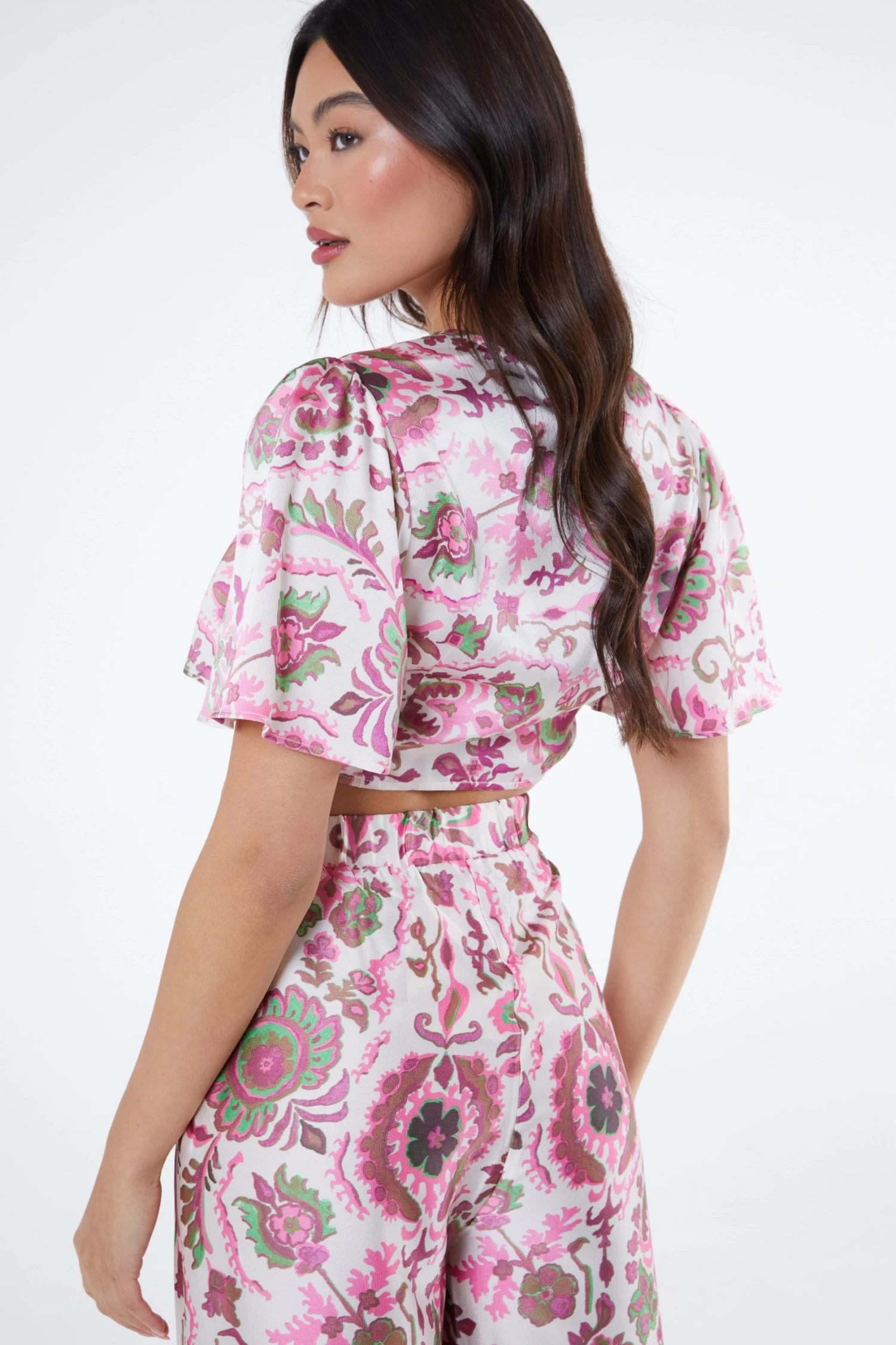 Pink Paisley Print Tie Front Crop Top - Image 3