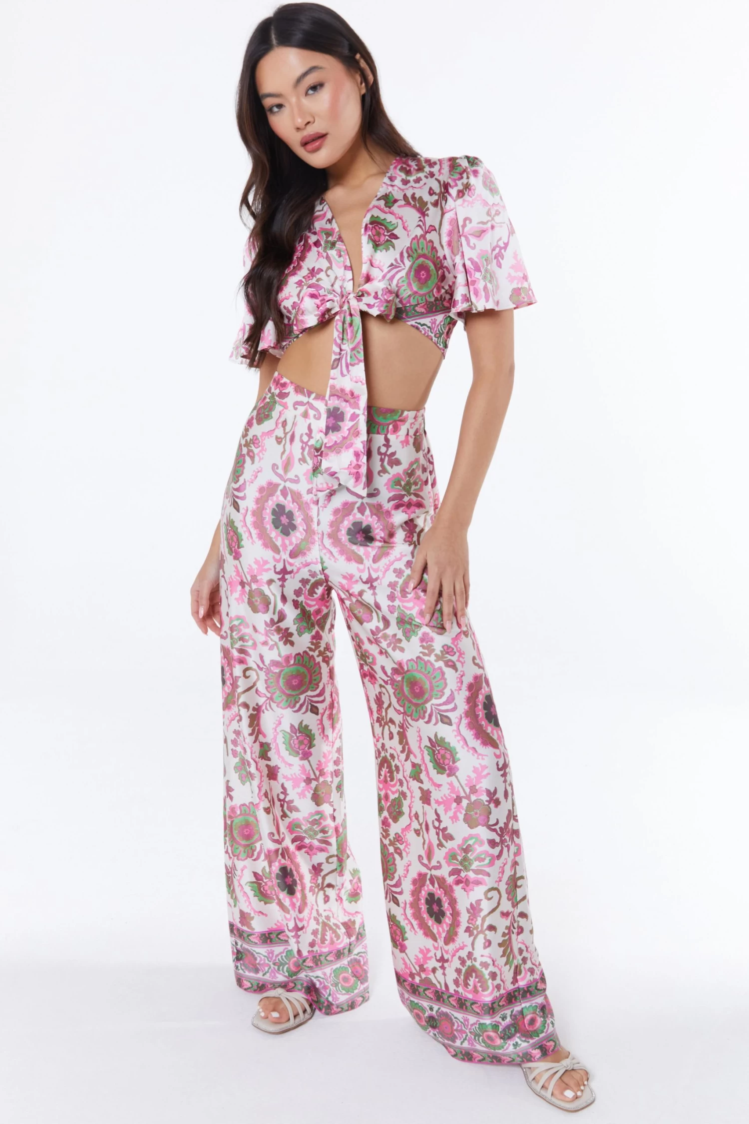 Pink Paisley Print Tie Front Crop Top - Image 4
