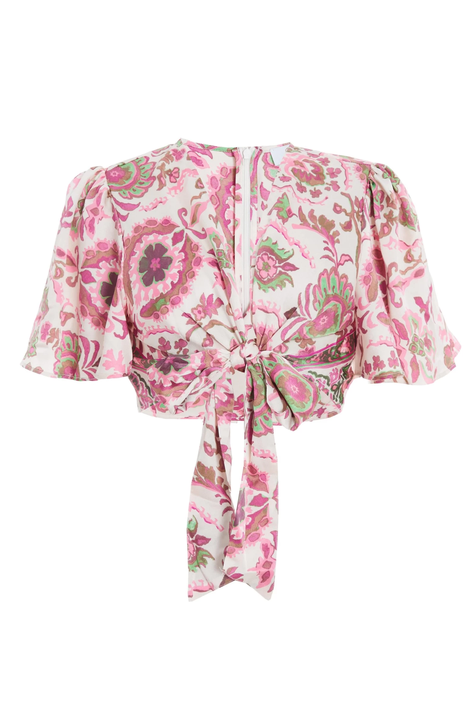 Pink Paisley Print Tie Front Crop Top