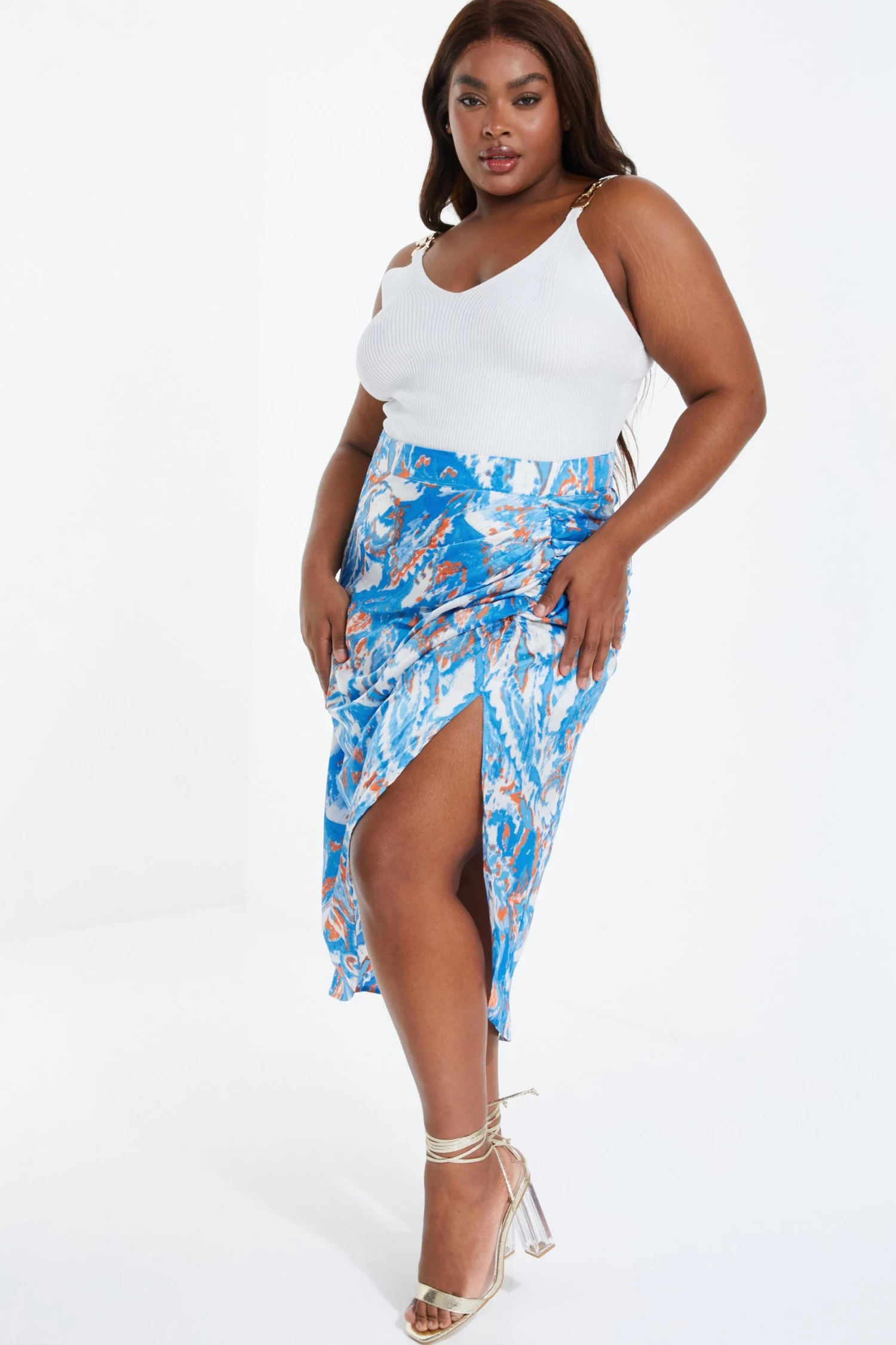 Curve Blue Satin Aztec Print Ruched Midi Skirt - Image 4