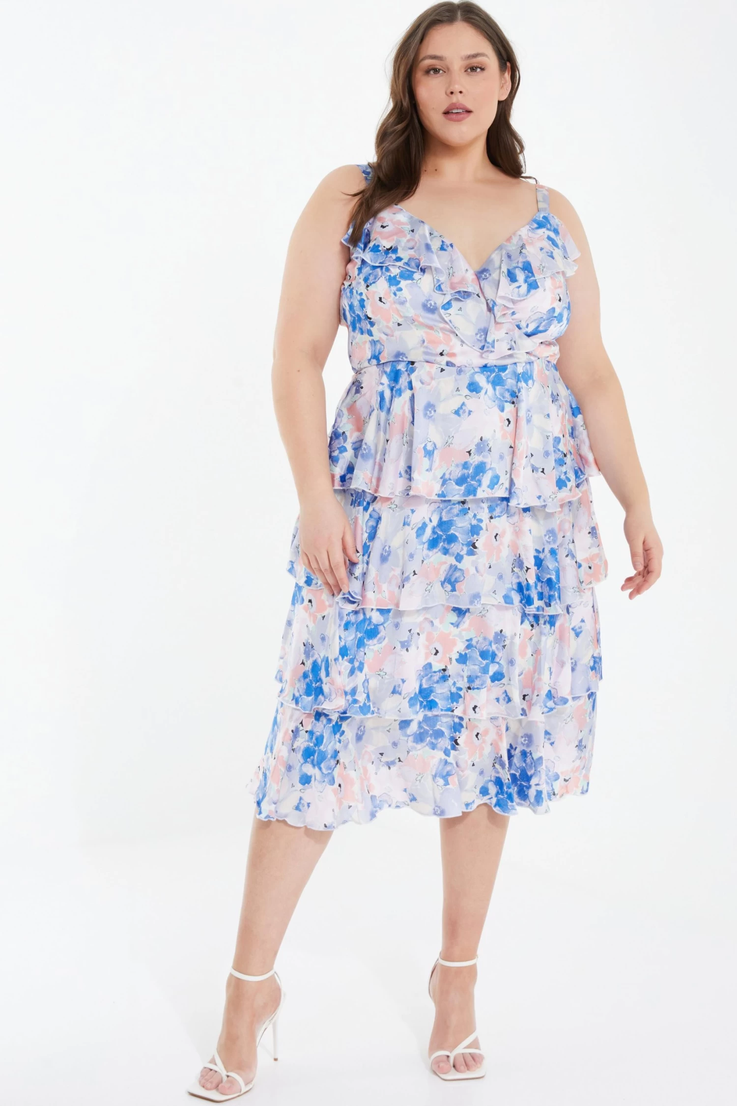 Curve Blue Chiffon Floral Tiered Midi Dress - Image 2