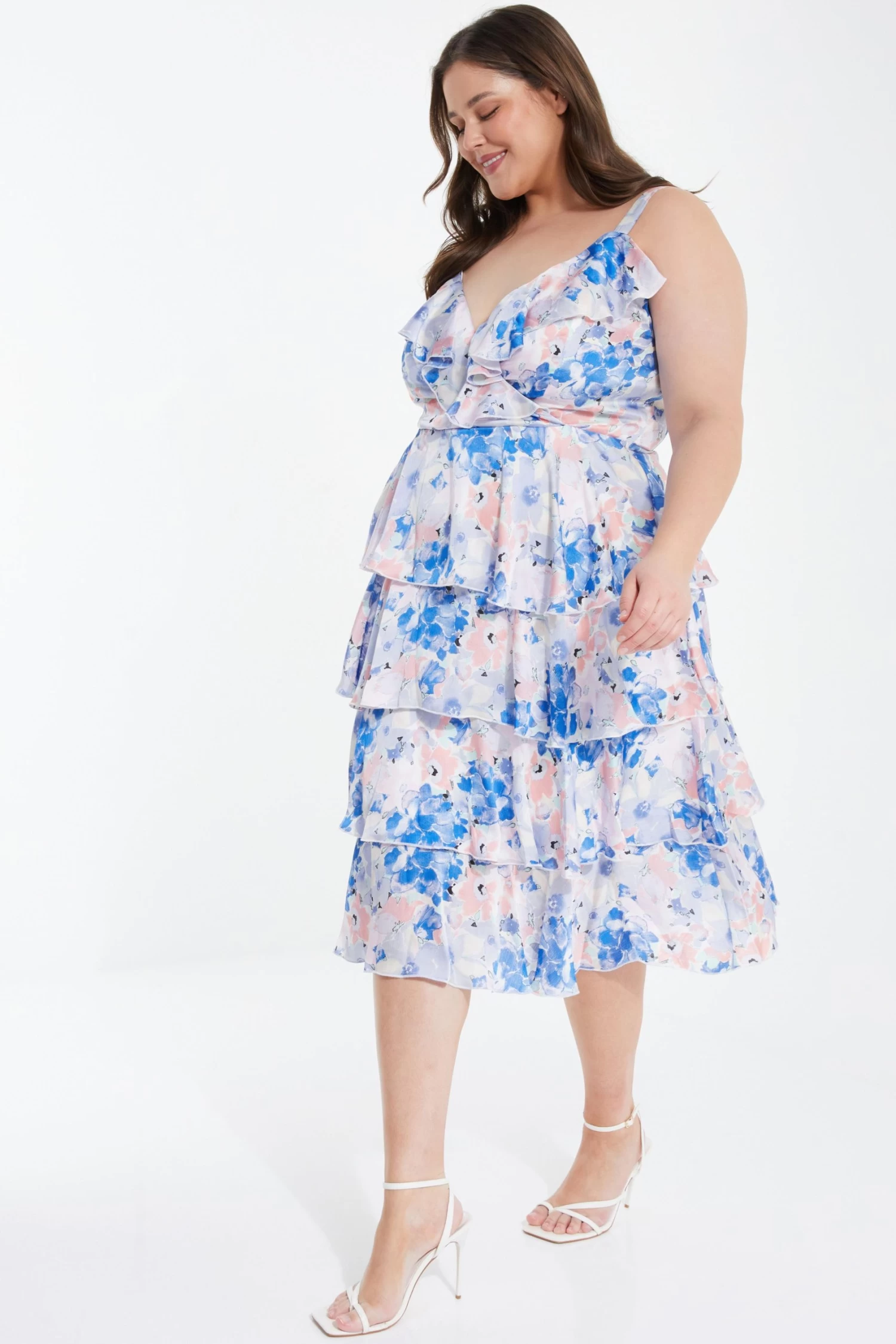 Curve Blue Chiffon Floral Tiered Midi Dress - Image 4