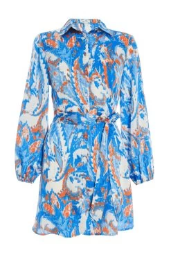 Petite Blue Marble Print Shirt Mini Dress