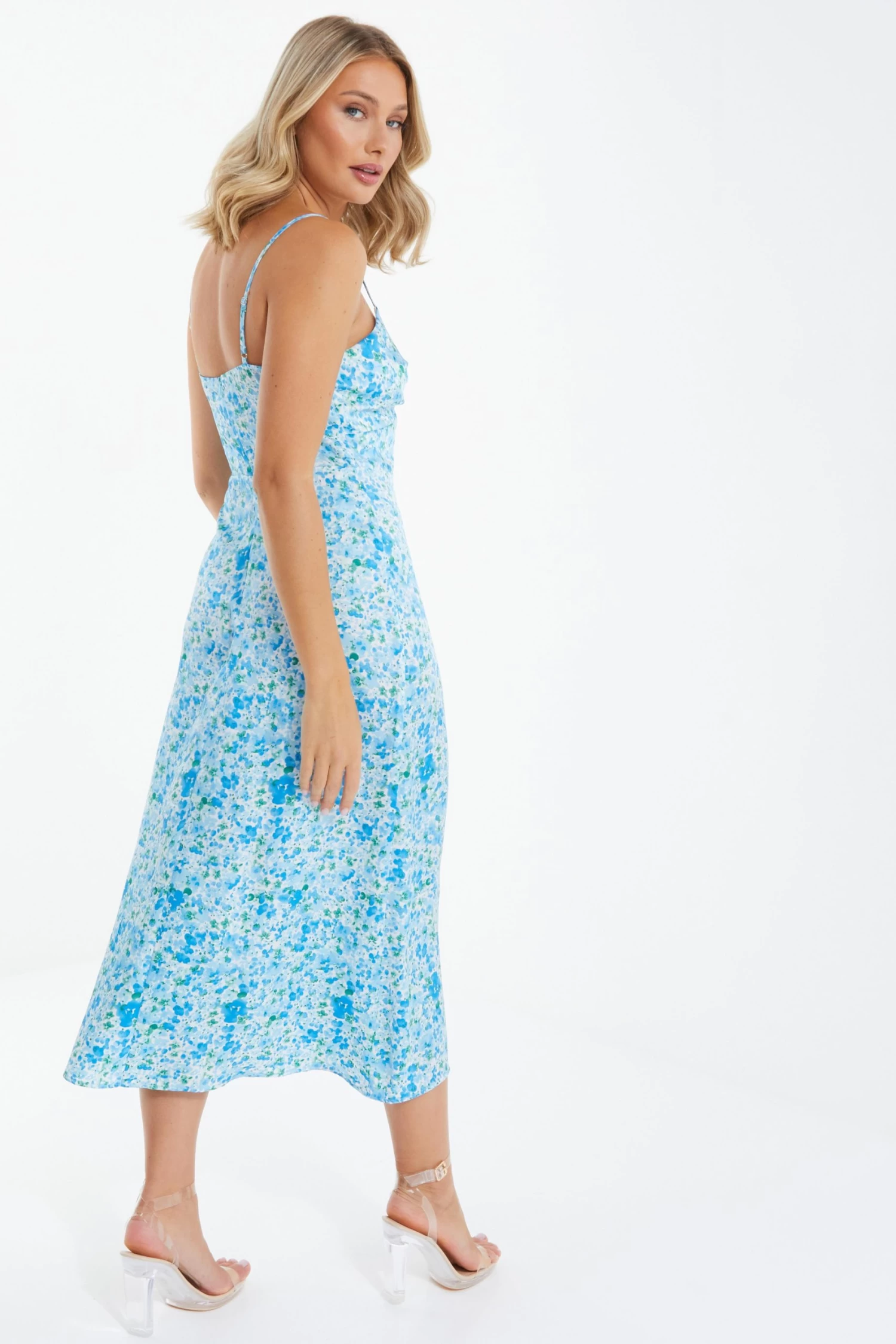 Blue Floral Knot Front Midi Dress - Image 3