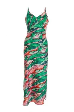 Green Satin Marble Print Tie Back Midi Dress