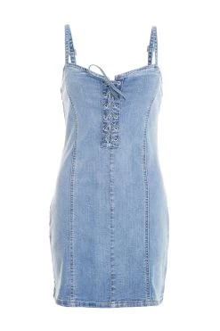 Light Blue Denim Lace Front Mini Dress