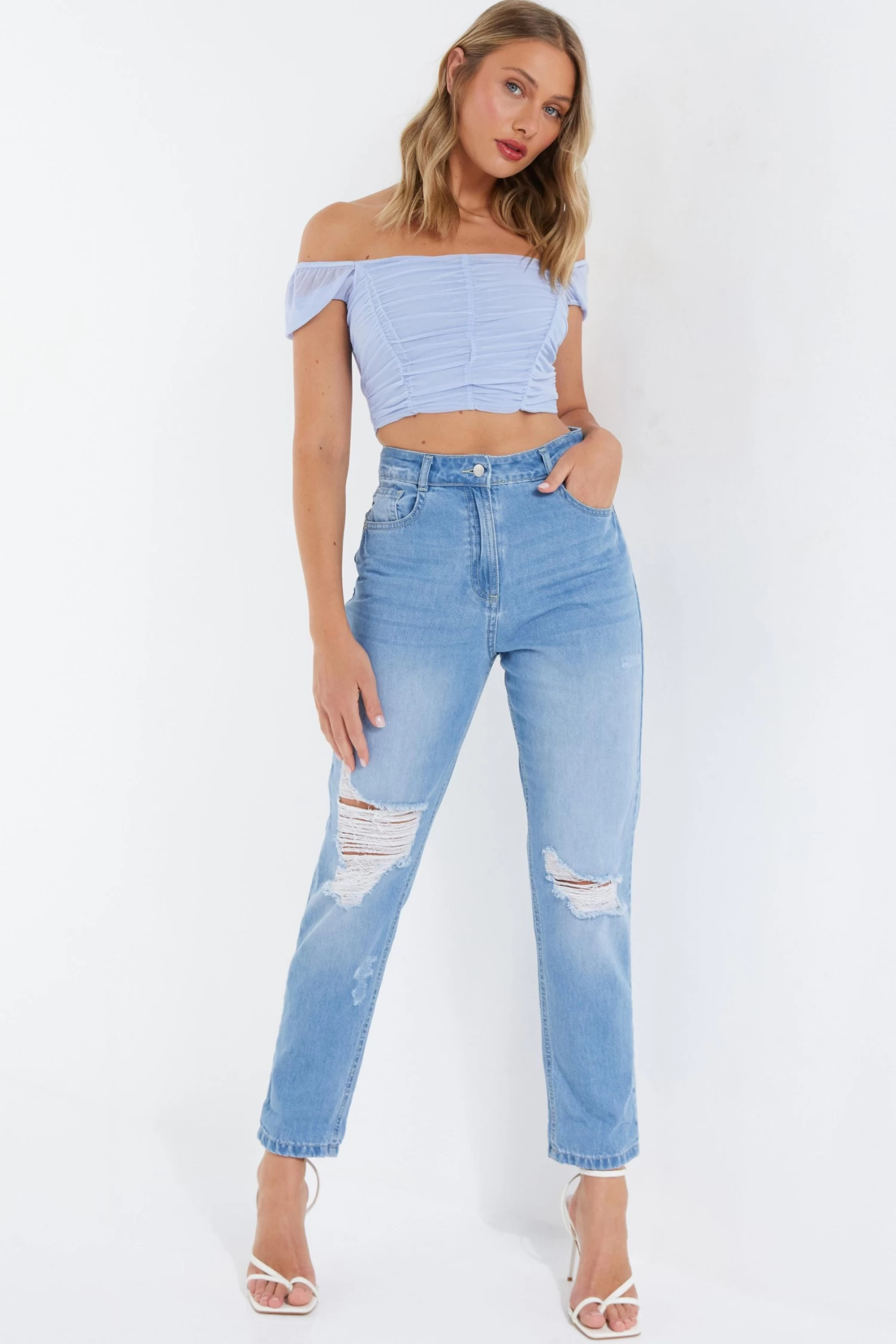 Light Blue Denim Ripped Mom Jeans - Image 2