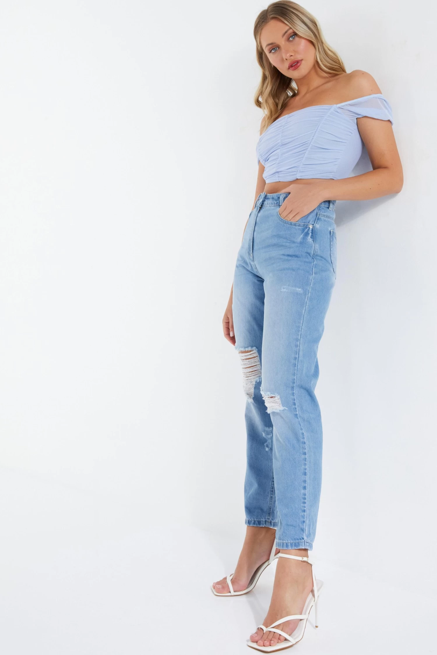 Light Blue Denim Ripped Mom Jeans - Image 4