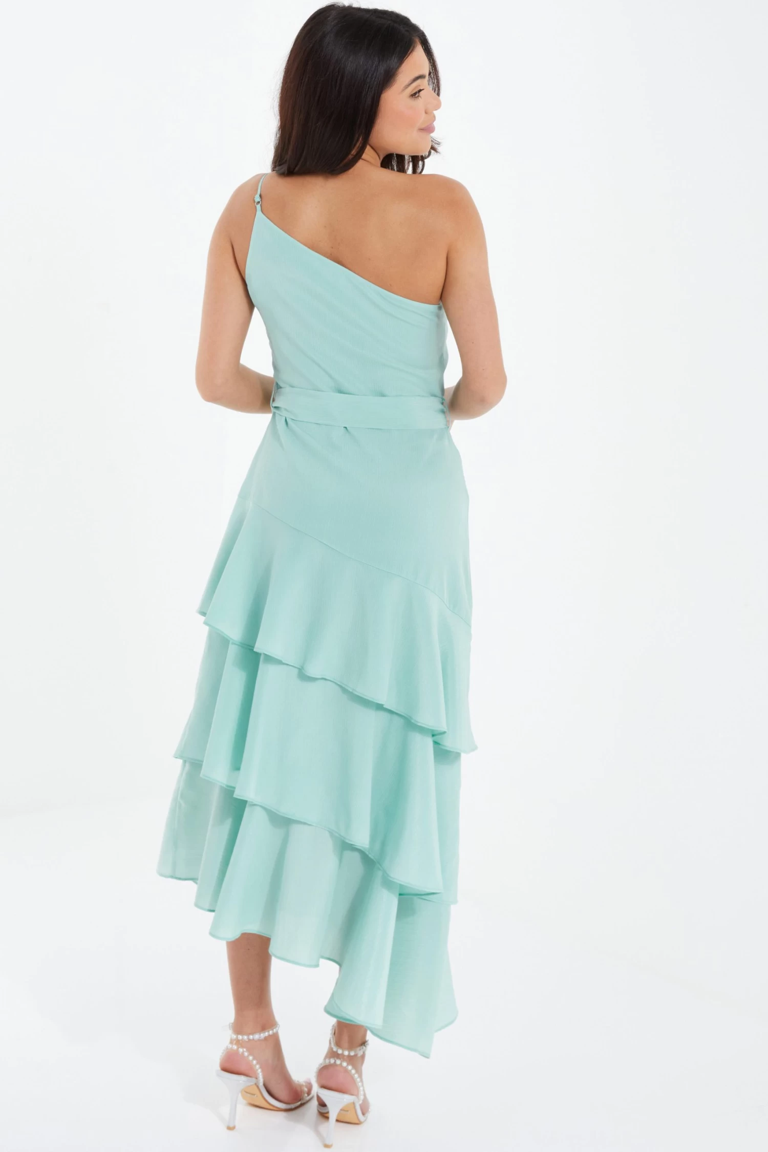 Mint Textured Chiffon One Shoulder Midaxi Dress - Image 3
