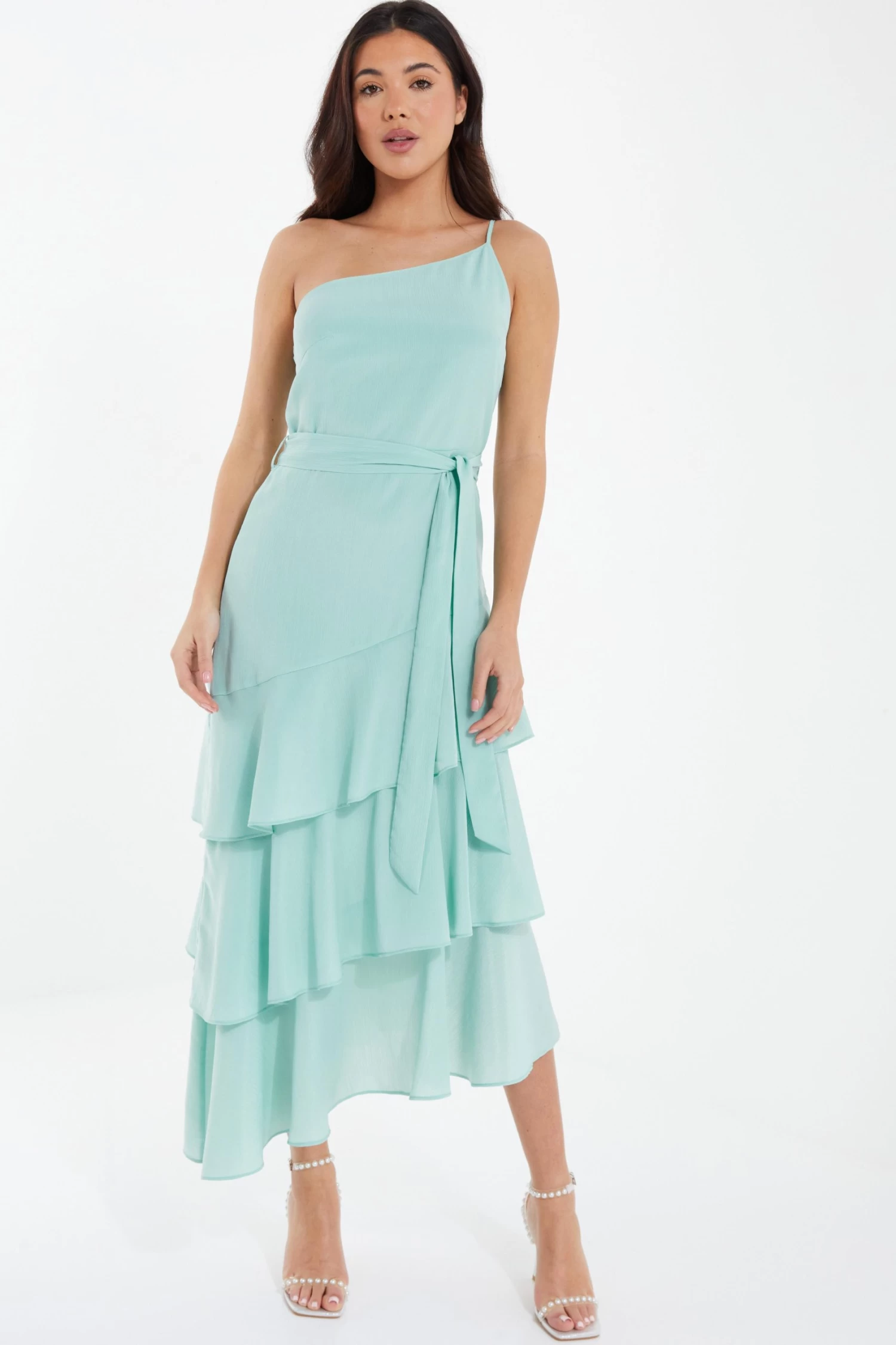 Mint Textured Chiffon One Shoulder Midaxi Dress - Image 2