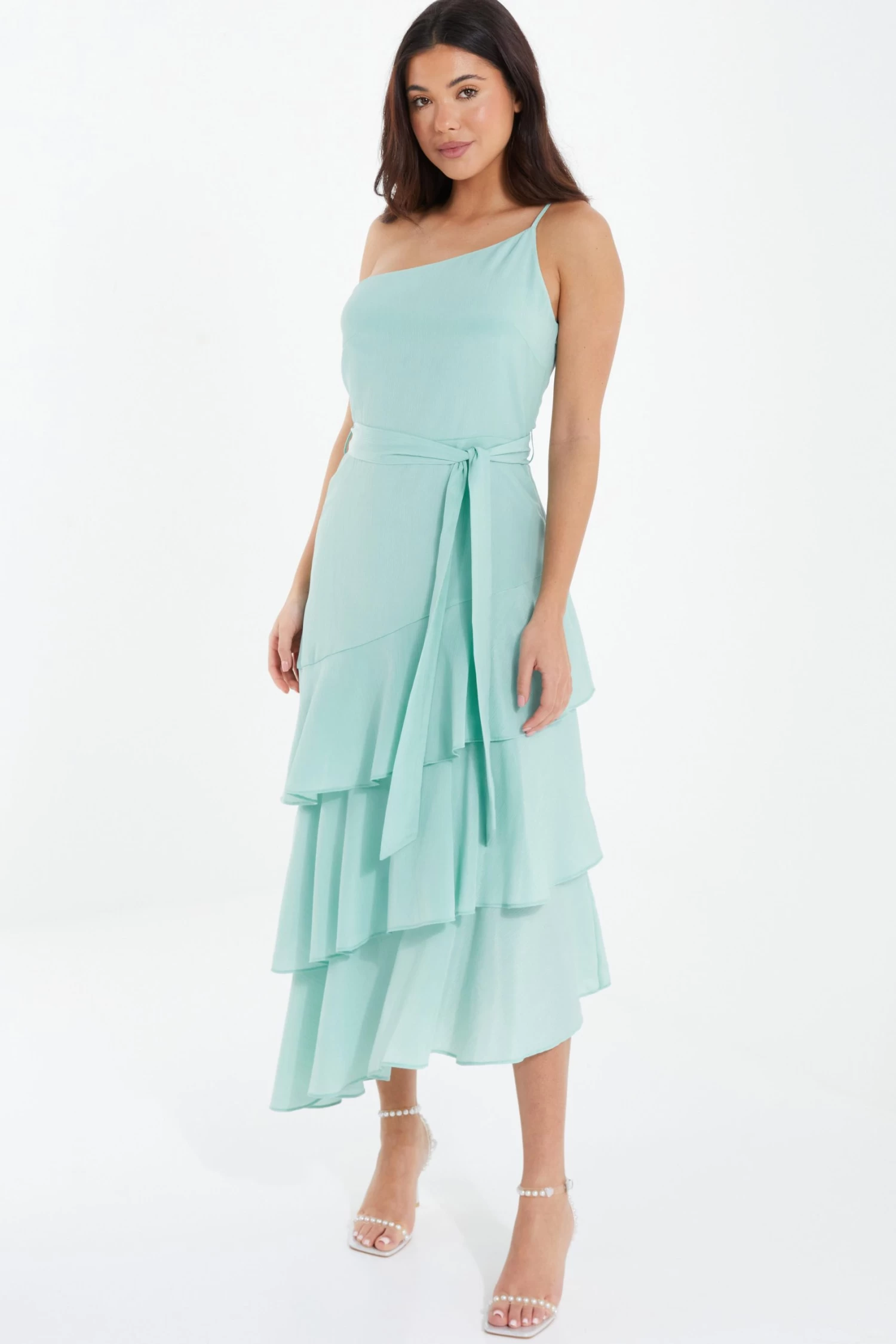 Mint Textured Chiffon One Shoulder Midaxi Dress - Image 4