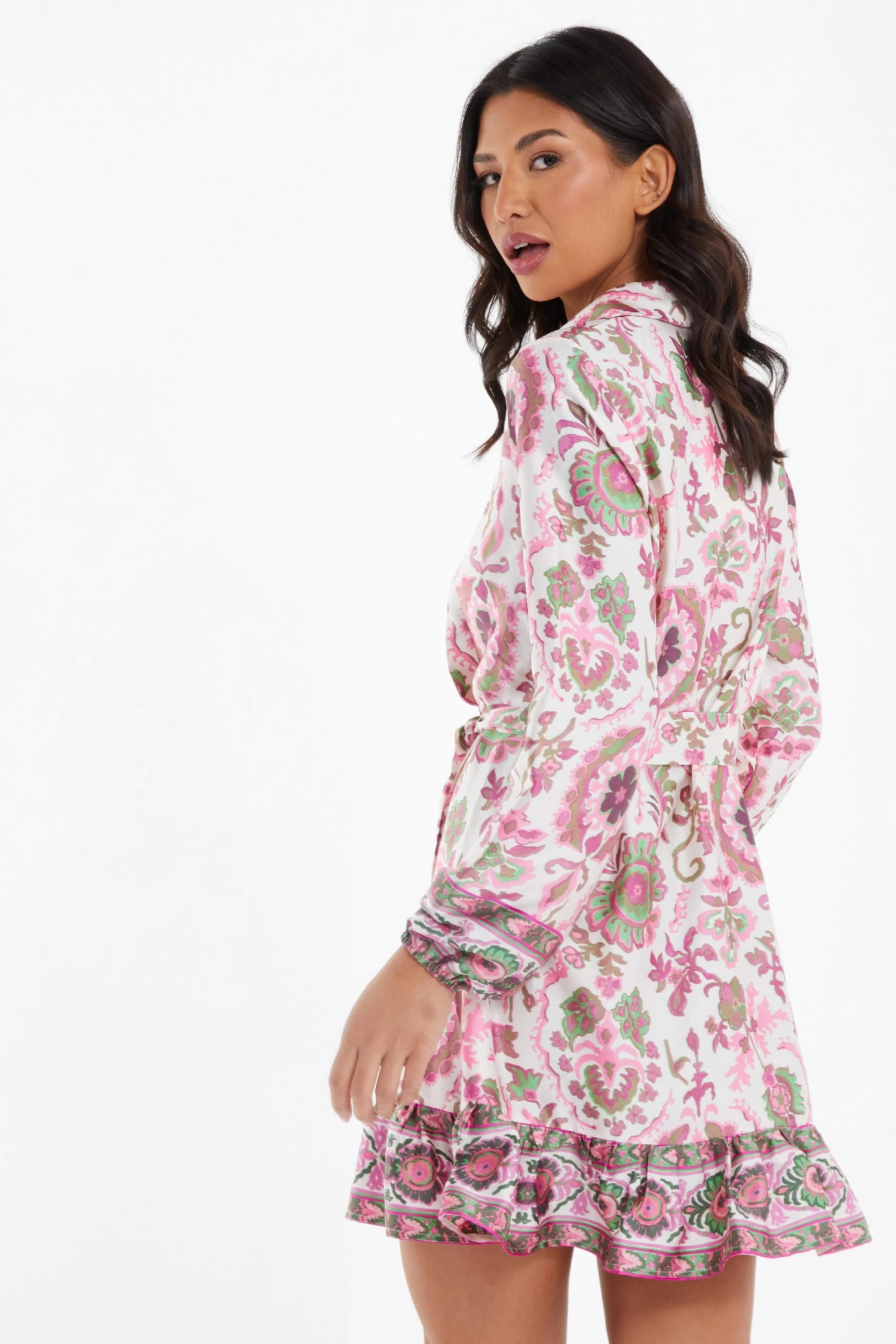 Pink Satin Paisley Print Mini Shirt Dress - Image 3