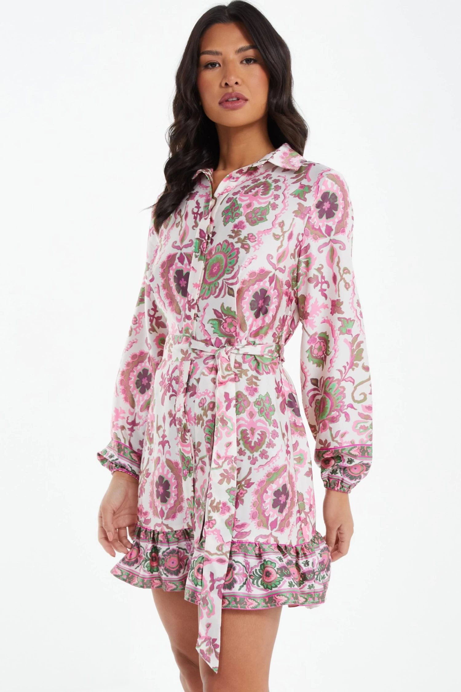 Pink Satin Paisley Print Mini Shirt Dress - Image 2