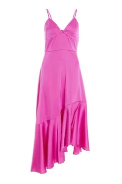 Hot Pink Satin Asymmetric Midi Dress