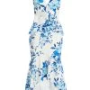 Blue Floral Dip Hem Frill Midi Dress